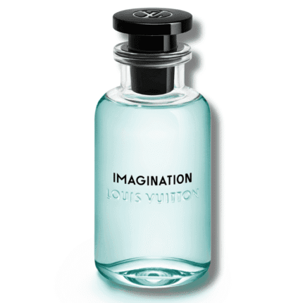 Envase cilíndrico de vidrio turquesa claro de Imagination de Louis Vuitton con tapón plateado