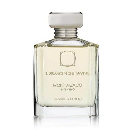 Botella rectangular de vidrio transparente de Montabaco Intensivo de Ormonde Jayne con tapón dorado y etiqueta minimalista