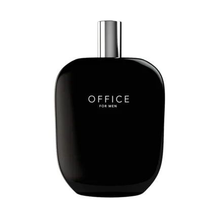 Botella negra opaca rectangular con letras plateadas de Office for Men de Fragrance One