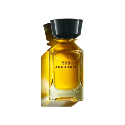 Envase cilíndrico de vidrio amarillo ámbar de Oud Aquilaria de Oman Luxury con tapón dorado
