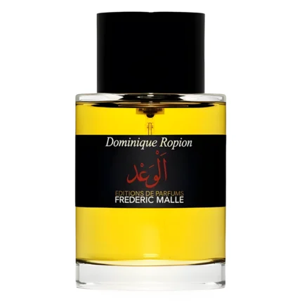 Botella cilíndrica de Promise de Frédéric Malle con cuerpo negro y banda amarilla alrededor