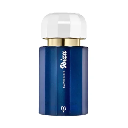 Frasco azul degradado de Sunset Café de Ramon Monegal con tapón plateado y cuerpo cilíndrico