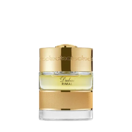 Envase dorado pálido de Rimal de Spirit of Dubai con tapón negro cuadrado