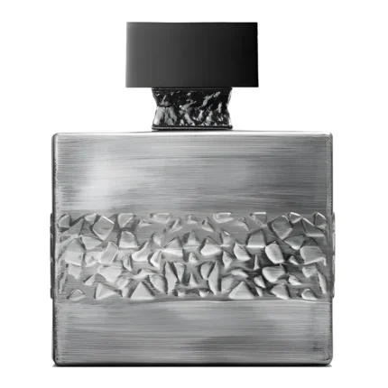 Botella cuadrada de Royal Vintage de M. Micallef en vidrio gris con textura y tapón plateado